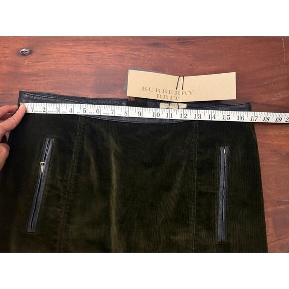 NWT Burberry Dark Khaki green corduroy / leather Straight skirt size 14 US - Picture 10 of 10
